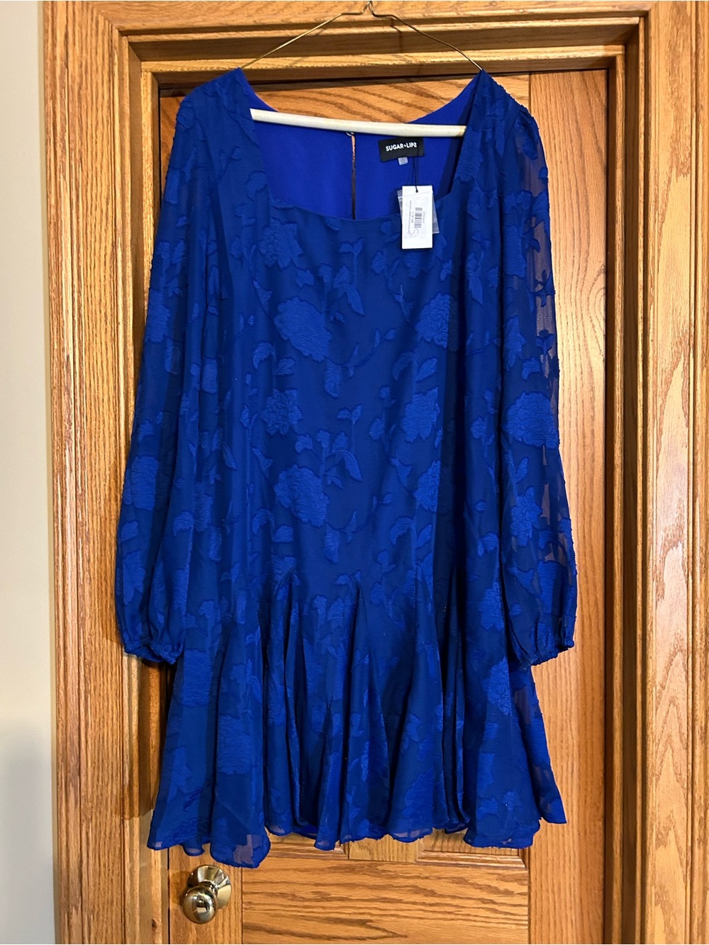 Sugar Lips Royal Blue Textured Floral Swing Dress, Size L, comes with belt.